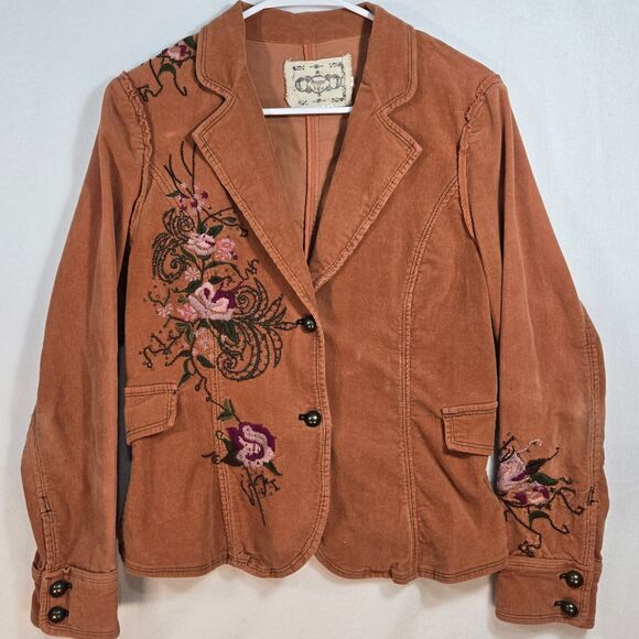 Sugar Lips Embroidered Beading Corduroy Jacket Blazer Orange Womens Size Large - Picture 1 of 13